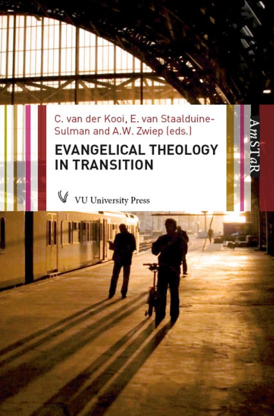 Boekomslag: 'Evangelical Theology in Transition' met silhouetten van mensen op een perron bij zonsondergang.