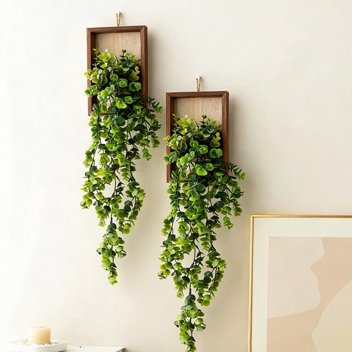 Hangende kunstplanten met houten frame 2 Stuks - Decoratie met kunstmatige lange eucalyptusbladeren - Ideaal voor wanddecoratie in de woonkamer, slaapkamer of thuiskantoor