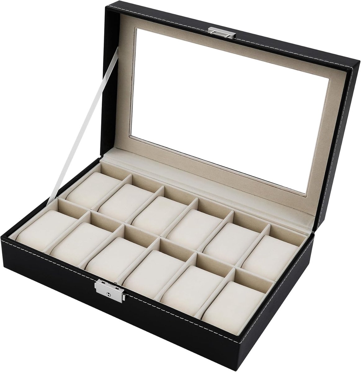 Elegante Horlogedoos voor 12 Horloges met Glazen Deksel en Fluwelen Voering