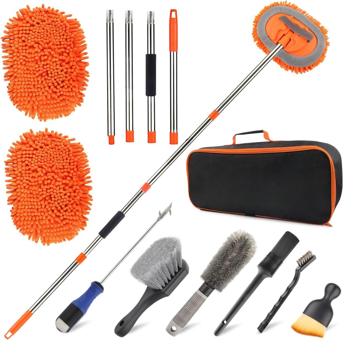 DYNA®Autowasborstel Telescopisch - Wasborstel Met Telescopische steel – Telescoop Wasborstel Met Zachte Borstel Haren – Oranje - 30cm x 20cm x 152cm