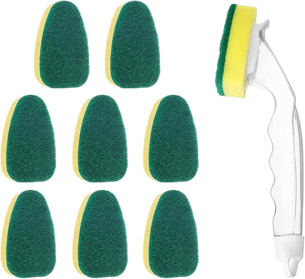 Schoonmaakborstel - Afwasspons met handvat - Afwasborstel - Keukenborstel voor het schoonmaken van de gootsteen, inclusief 1 afwashandvat en 8 vervangende borstelkoppen, geschikt voor gootstenen, badkamers en wastafels.