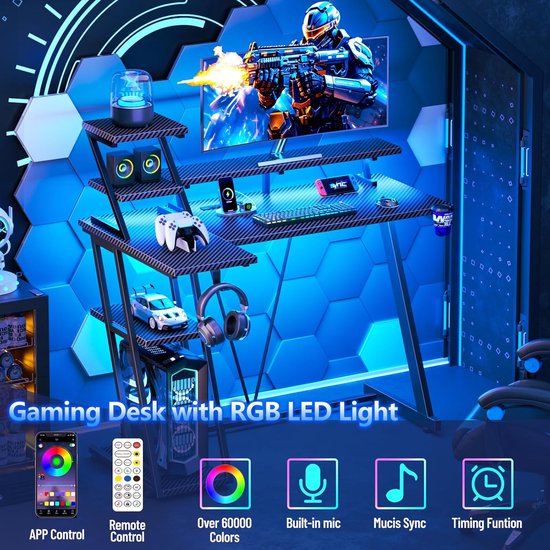 40 Inch Gamingbureau met LED-verlichting en Stopcontact - Klein L-vormig Computerbureau voor Gamers Met Monitorstandaard — afbeelding 2
