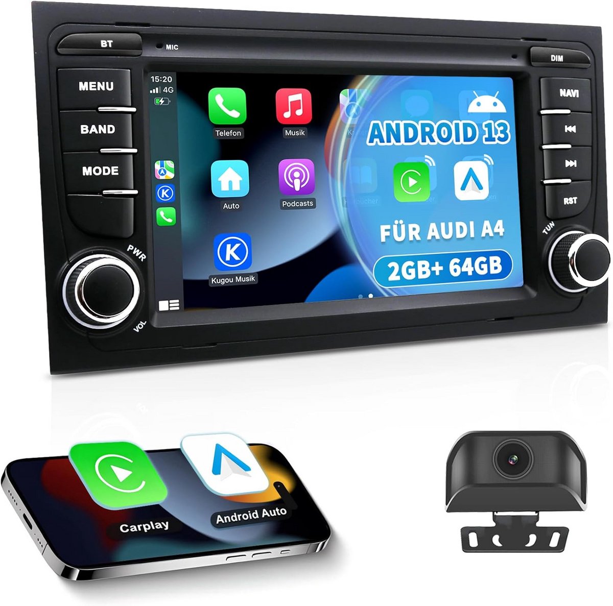 Android 13 Autoradio voor Audi A4/S4/RS4 B6/B7 (2002-2008) - 7 Inch IPS Touchscreen met HD Achteruitrijcamera - Draadloze CarPlay & Android Auto - Bluetooth GPS Navigatie 2GB + 64GB