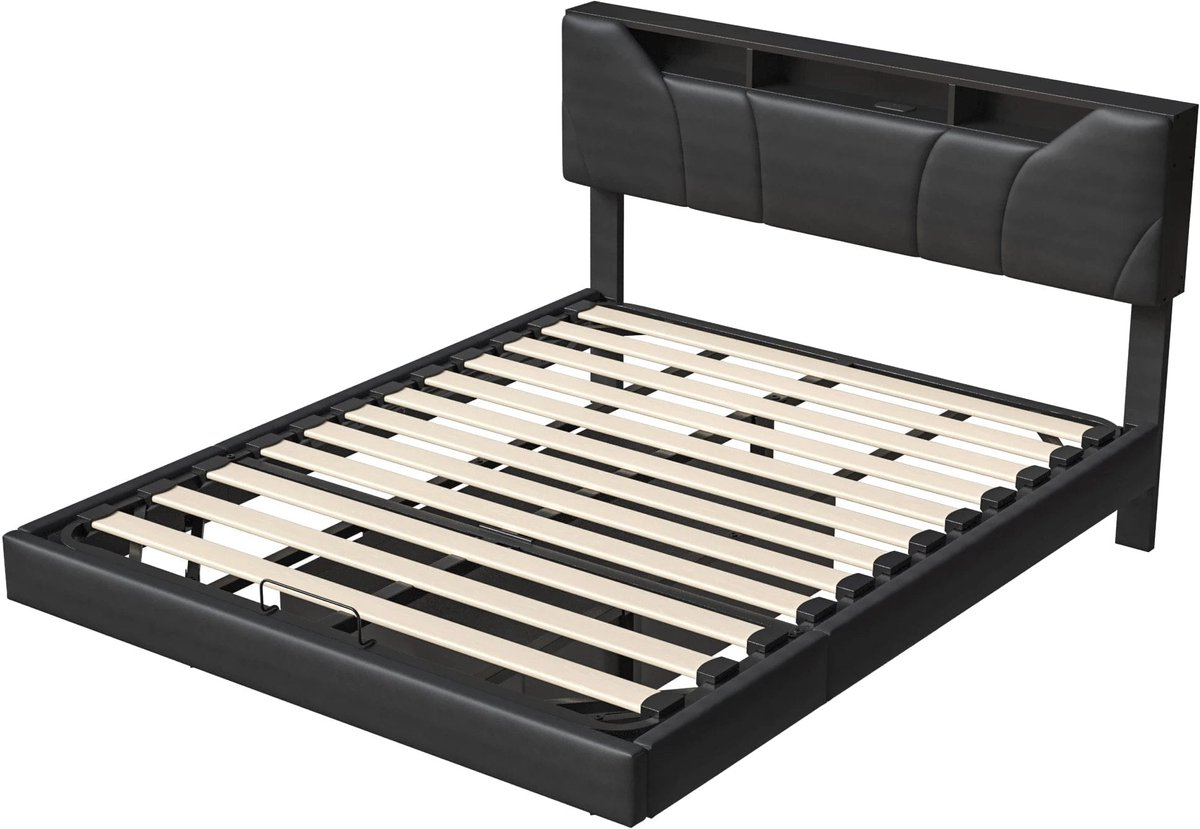 Led Bed – Gestoffeerd Bed – Opbergbed – Tweepersoonsbed – Bedframe – 160x200 cm – Pneumatisch Hefmechanisme – USB-C Oplaadpoort