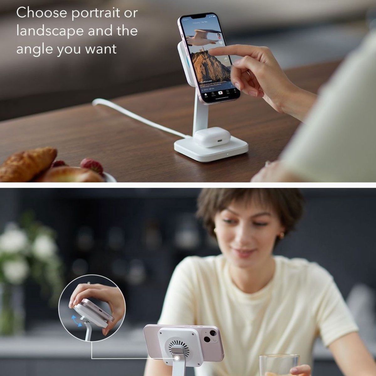 ESR HaloLock 2 in 1 Draadloze MagSafe Oplader 24W iPhone/AirPods Wit