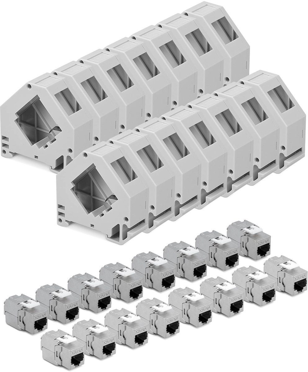 Keystone Module en Hutschienenadapter Set - 16x CAT6A Module - Geschirmde RJ45 Aansluitingen