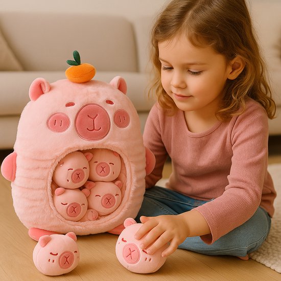 Magnitoys™ - Capibara Knuffelkussen 40 cm - Kawaii Pluche - Transparant Buikvenster met Mini Capibara’s - Super Zacht, Squishy Cadeau van Merkloos — afbeelding 2