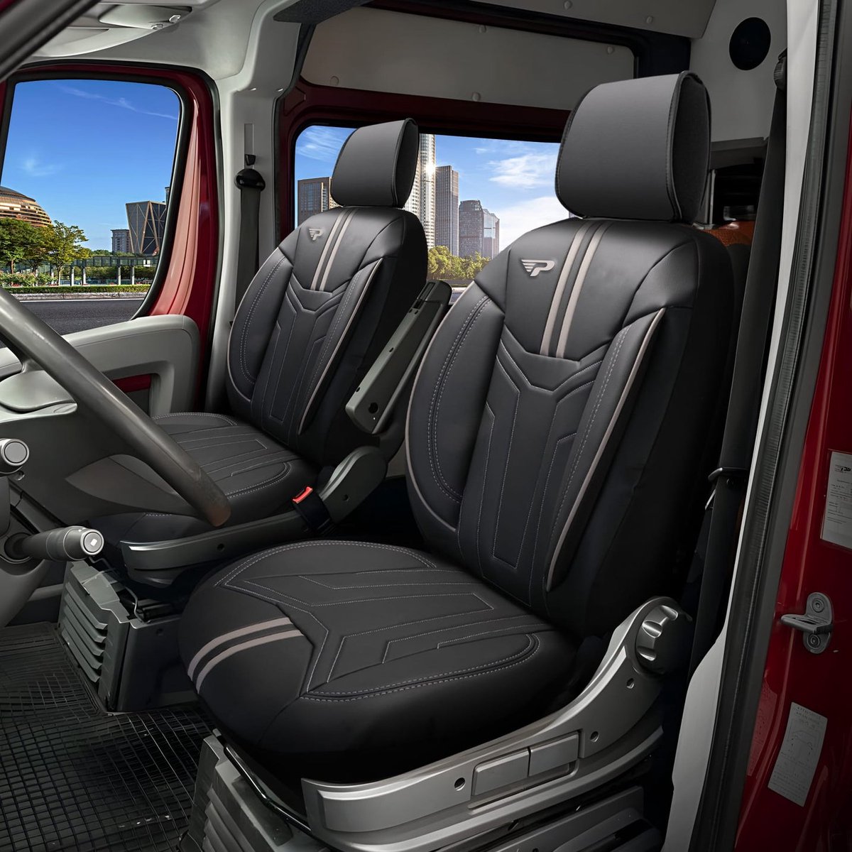 Stoelhoezen / zetelhoezen Volkswagen ID.3 2019-heden – Palermo zwart/grijs – premium skai leer – perfecte pasvorm voor 2 voorstoelen – inclusief hoofdsteun