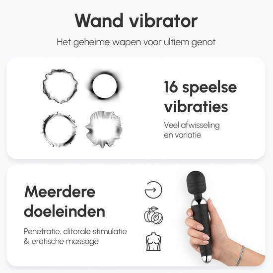 Zwarte wand vibrator met 16 vibraties. Ideaal voor penetratie, clitorale stimulatie en erotische massage.