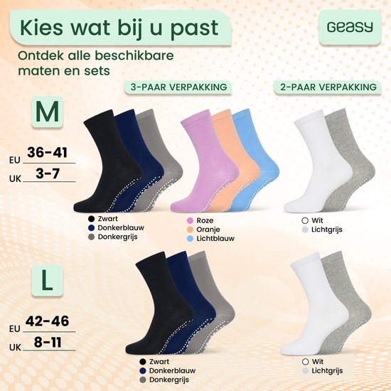 Overzicht van beschikbare maten en kleuren sokken: zwart, donkerblauw, donkergrijs, roze, oranje, lichtblauw, wit en lichtgrijs.