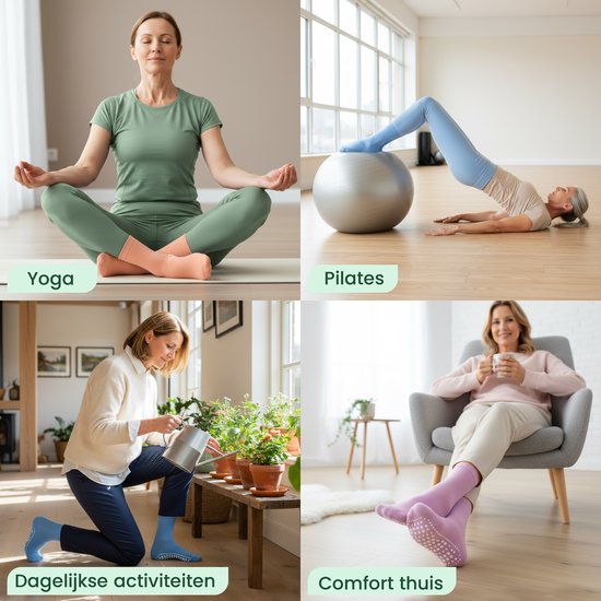 Collage van activiteiten met antislip sokken: yoga (roze/oranje), pilates (lichtblauw), dagelijkse activiteiten (lichtblauw) en comfort thuis (roze).