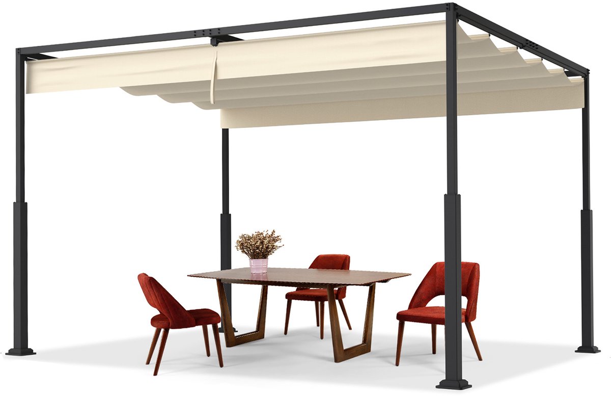 Aufun 3x4m Beige - Metaal Pergola - Terrasoverkapping Met Schuifdak & PA-Gecoat Polyester + Stevig Stalen Frame