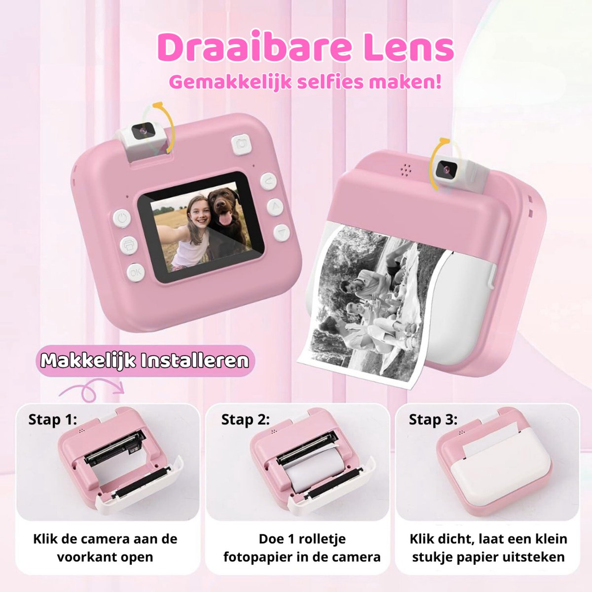 Luumuu® Digitale Kindercamera Met Foto Printer - Fototoestel Voor Kinderen - Kinder Fotocamera Instant Print- Speelgoed Video Camera Kind - Vlogcamera Kids - Sd Kaart 16GB - Roze - Incl. Ebook – foto 3