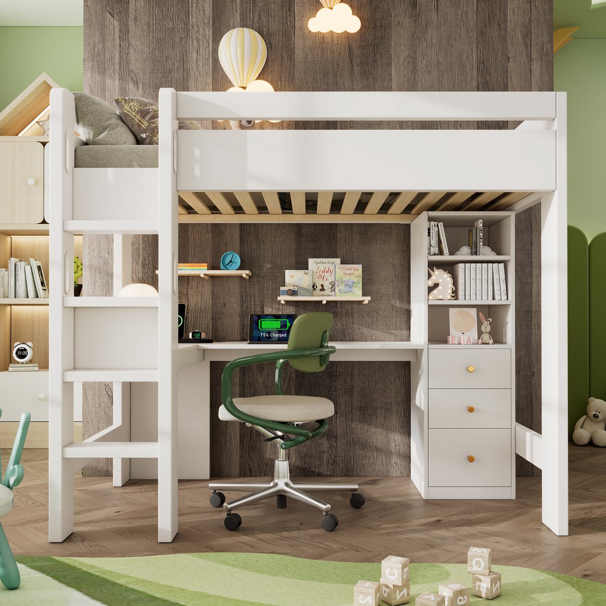 Zubaliya Stapelbed met L-bureau, boekenkast, lades en USB/Type-C oplaadstation + Eenpersoonsbed 90x200 cm met ladder en lattenbodem - Wit - Excl. matras witte