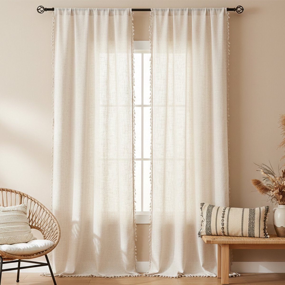 Qelus Boho Vitrage met Kwastjes - Linnenstructuur Gordijn - Vintage Tassel Voile - Semi-Transparant - Tunnelzoom - Crème - Rideau Bohème à Glands - B132xH241cm