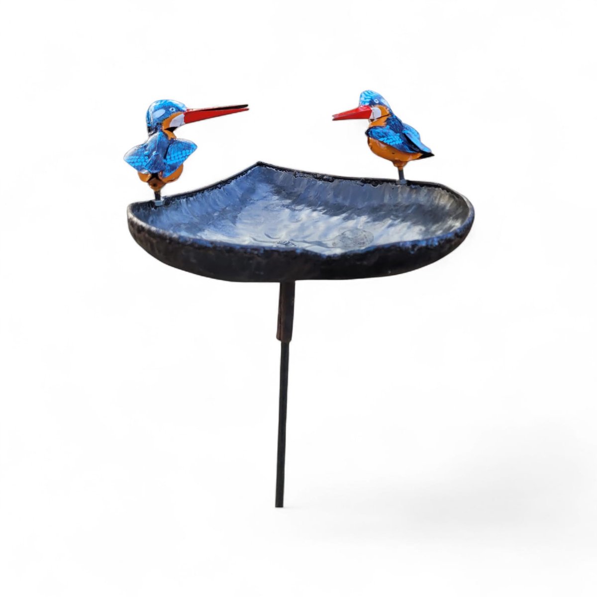 Tuinsteker vogels waterdrinkbakje of voederdrinkbak in hart vorm - met twee ijsvogeltjes 32x34x120 cm metaal handgemaakt van schrap Metal