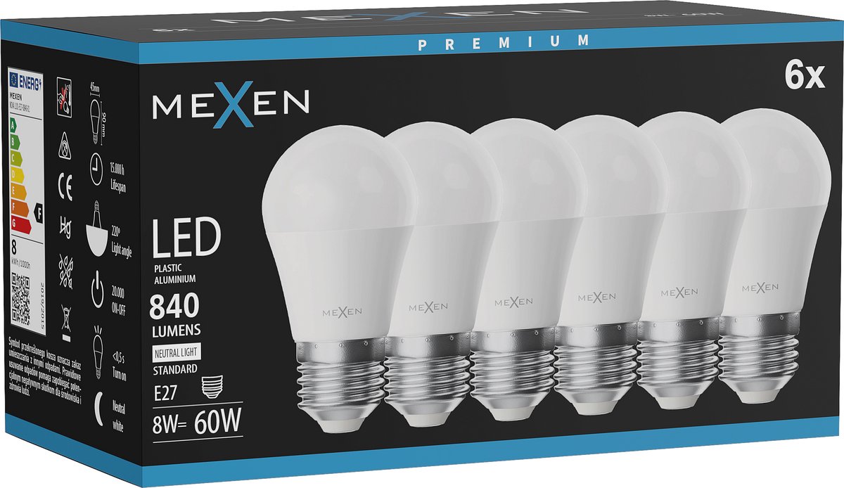 Mexen Nova 6x LED-lamp E27, G45, 8W, Neutraal - 4000K, 840 lm - L101-E27-0840-01x06