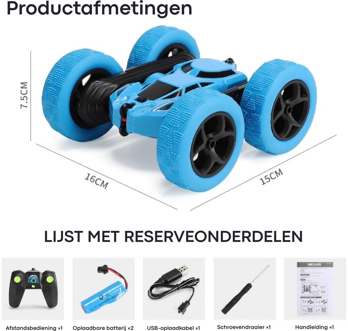 Nexar Bestuurbare Auto voor Jongens - RC Auto - Afstandsbestuurbare Stunt Auto - 360° Flip - LED Verlichting - Speelgoed voor Binnen & Buiten — afbeelding 7