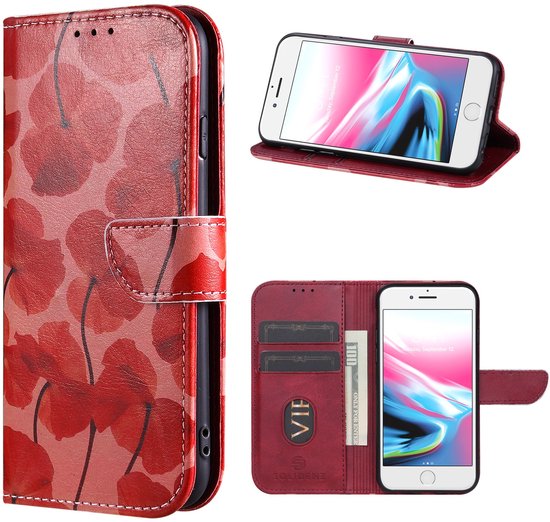 Solidenz Hoesje - geschikt voor iPhone SE (2022/2020) / iPhone 8 en iPhone 7 Bookcase - Telefoonhoesje met Pasjeshouder - Romantische klaproos