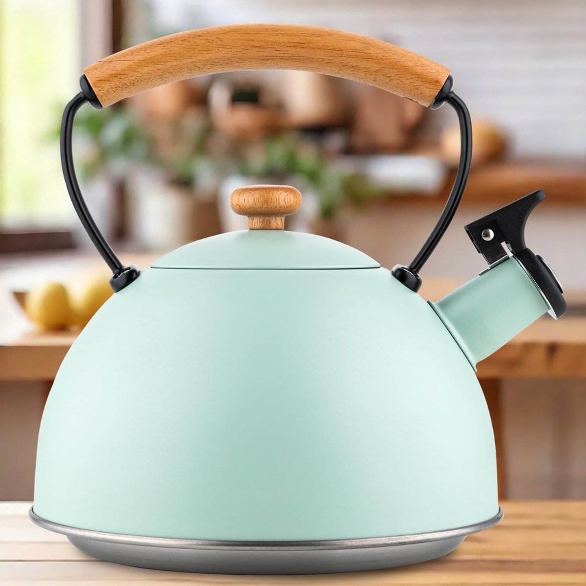 Waterkoker (2,3 l) I Roestvrijstalen Theeketel NATURA I Fluitketel met Houten Handvat I Automatisch Fluitje I Waterkoker voor Inductiekookplaat, Gaskookplaat en Elektrische Kookplaat