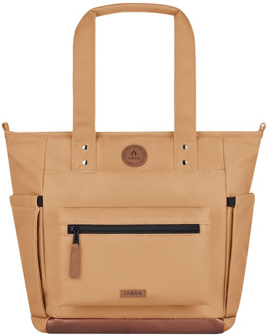 Lichtbruine tote bag met twee hengsels, buitenvakken en een CABAÏA-logo op de voorkant.