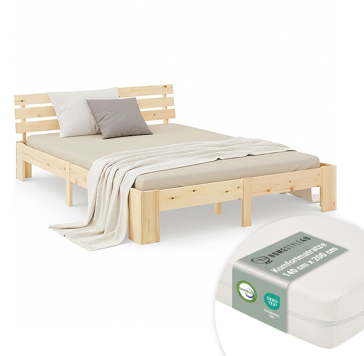 Homestyle4u Tweepersoonsbed - 140x200 cm - Houten bed - met matras en lattenbodem - Natuur