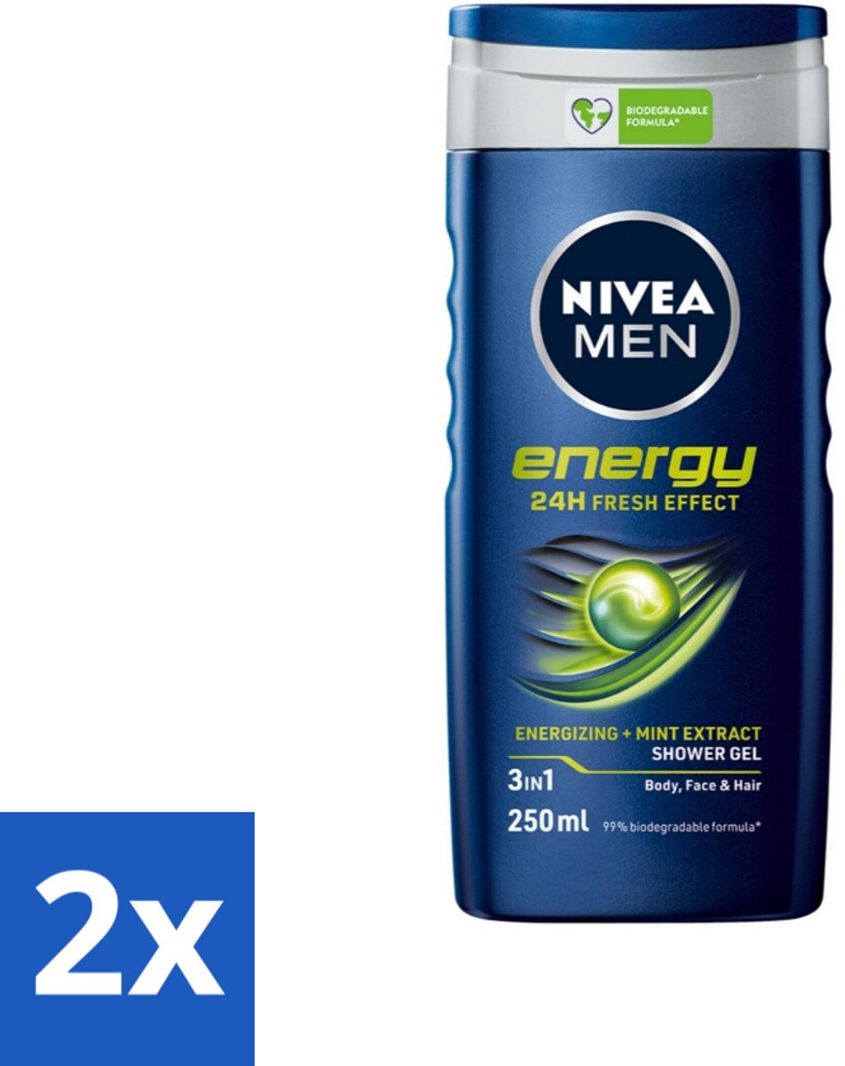 2 x Nivea - Men - Energy Douchegel - Langdurig Fris Gevoel - 250 ml - Douchegel Voor Mannen - 2-in-1 Douchegel - Energieboost - Fris Gevoel - Mintextract