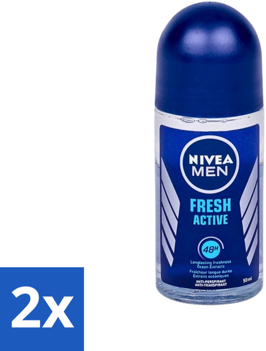 2 x Nivea - Fresh Active Roll-On - Antiperspirant - 48 Uur Lang Werkend - 50 ml - NIVEA MEN - Deodorant Roller - 48 Uur Bescherming - Zweetbestendig - Fris Gevoel