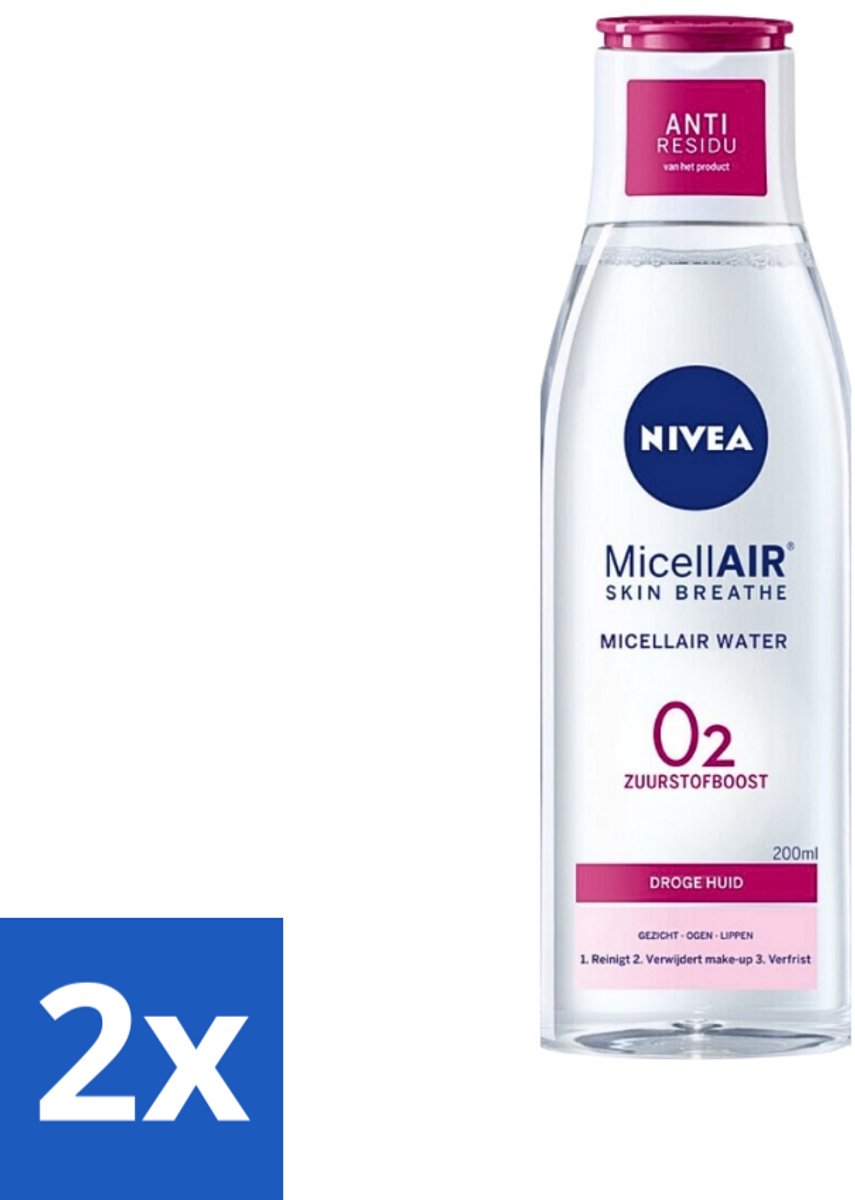 2 x Nivea - O2 Zuurstofboost Micellair Water - Droge Huid - 200 ml - Micellair Water - Droge Huid - Zuurstofboost - Reiniging - Hydratatie