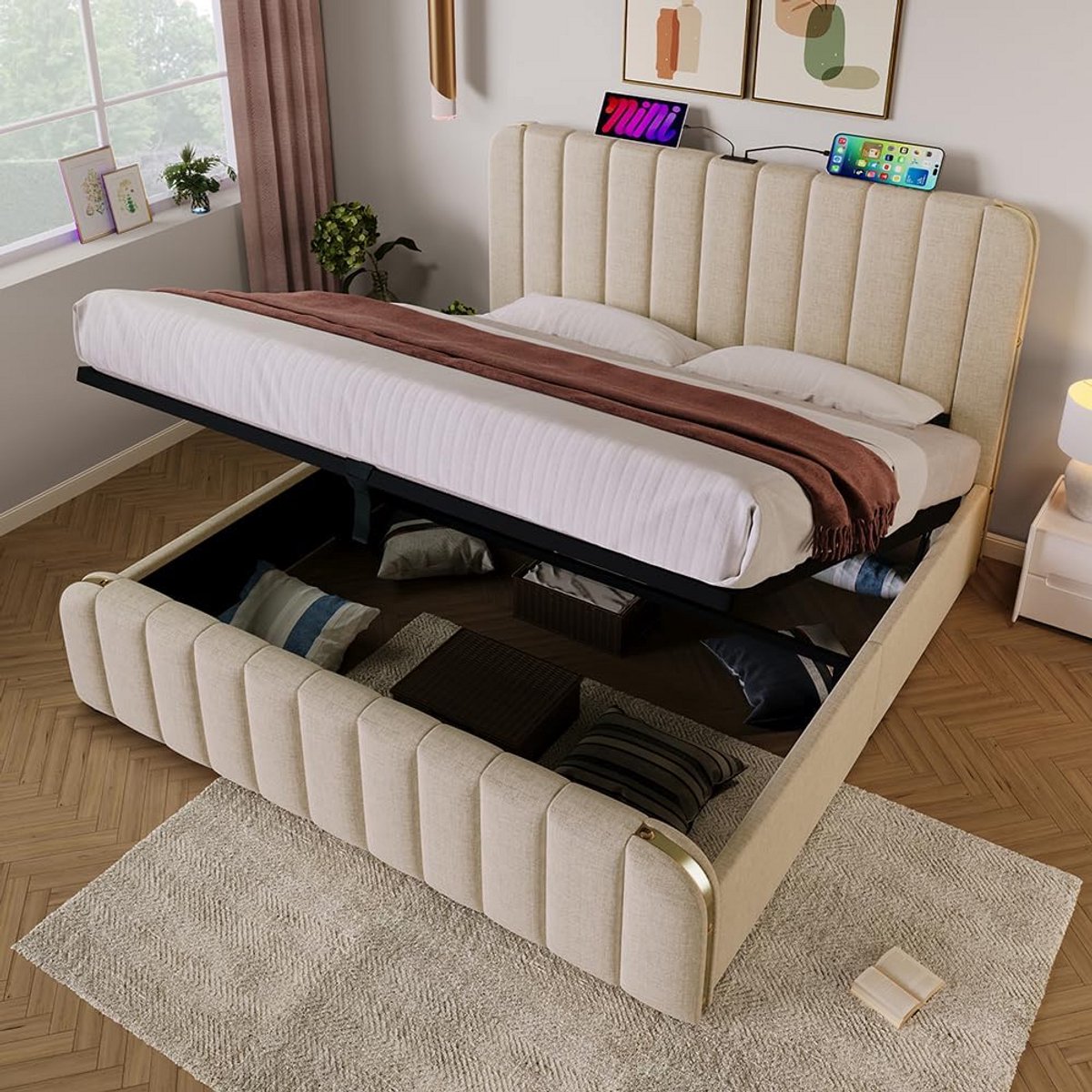 Gecapitonneerd tweepersoons bed 180x200 cm met oplaadbare USB C poort in hoofdeinde