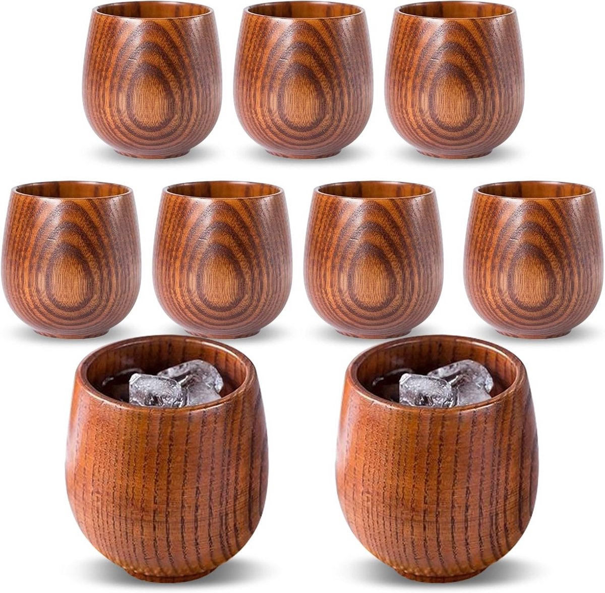 Set van 9 Handgemaakte Houten Mokken en Theeservies voor Warme en Koude Dranken