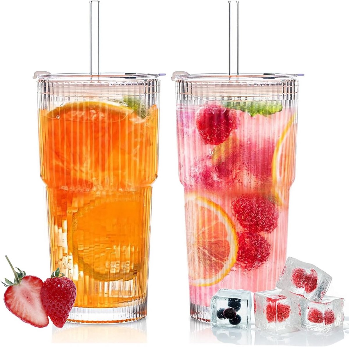 Set van 2 Geribbelde Glazen met Deksel en Rietje voor Ijskoffie en Smoothies