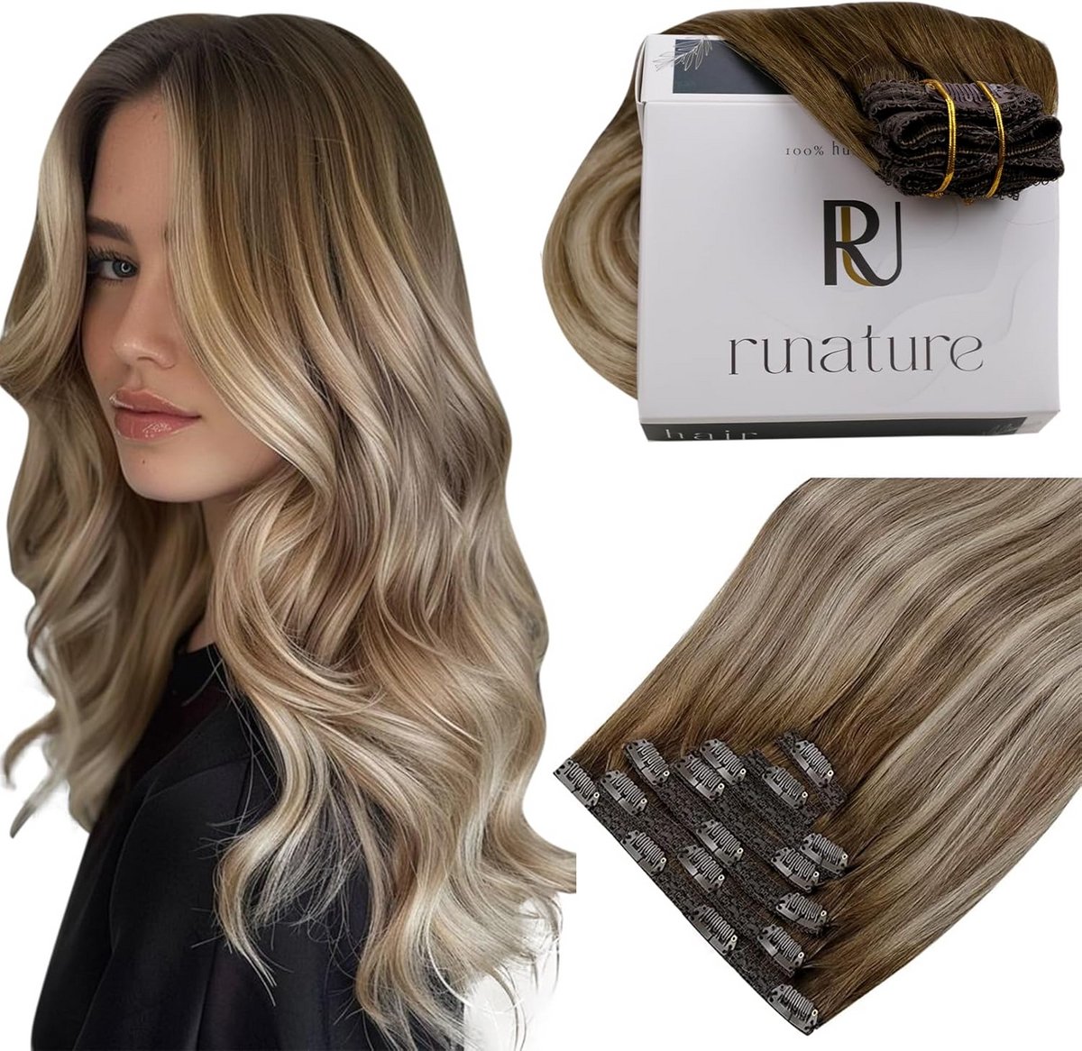 Clip-in Ombre Haarextensions Menselijk Haar Balayage Donkerbruin naar Blond 16 Inch