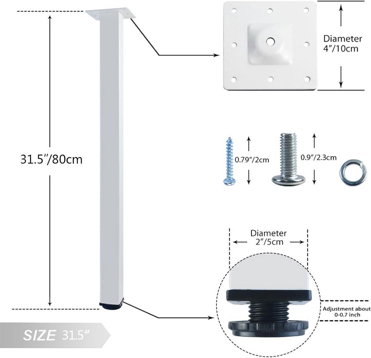 Set van 4 Vierkante Metalen Tafelpoten 80 cm Wit voor Bureau en Meubels