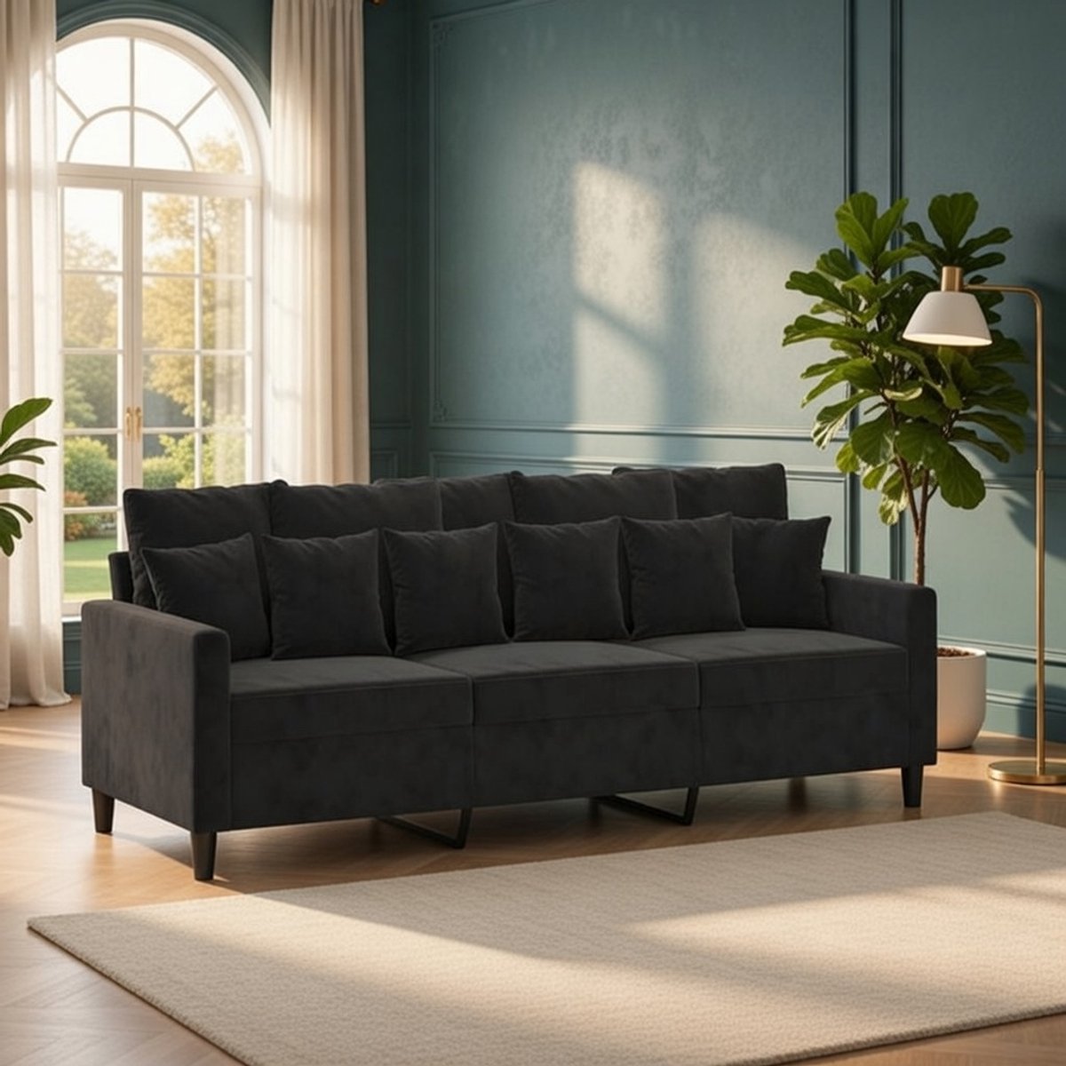 Serena Fluwelen 3-zitsbank 180 cm zwart met metalen frame en fauteuils - Luxe Fluwelen designbank voor woonkamer Merk: Casa Serena – 180 cm – Casa Dorada