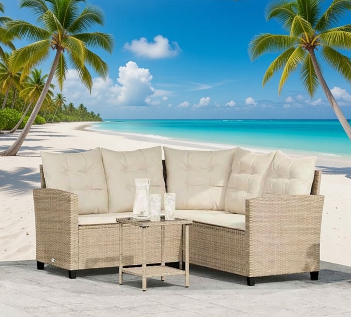 SerenaLounge L-Vormige Polyrotan Tuinbank met Tafel en Kussens Beige/Crème – Hoek Loungeset voor Tuin & Terras Merk: Casa Serena – Afmetingen op aanvraag – Casa Dorada