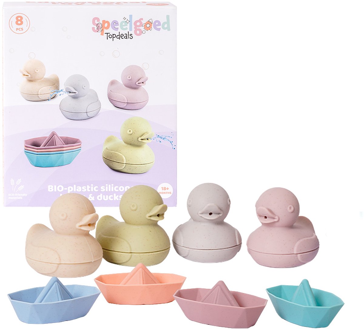 Speelgoedtopdeals - BIOplastic Badeendjes met bootjes pastel - Duurzaam Speelgoed - Badspeelgoed