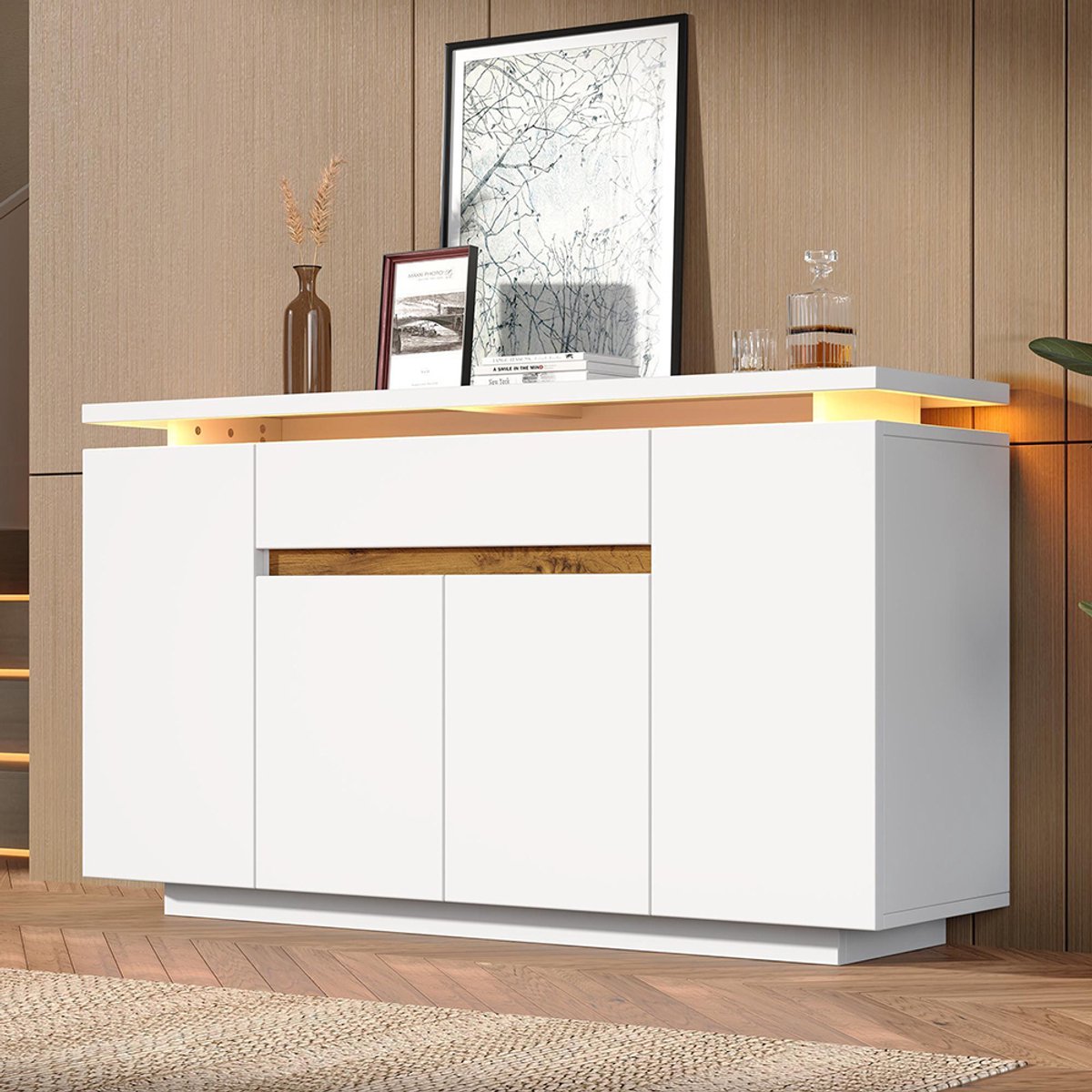 KOMHTOM Buffetkast met ledverlichting – dressoir met 1 lade en 4 deuren, voor de woonkamer, gang of keuken, in wit, afmetingen (B/D/H): 140 x 40 x 80 cm