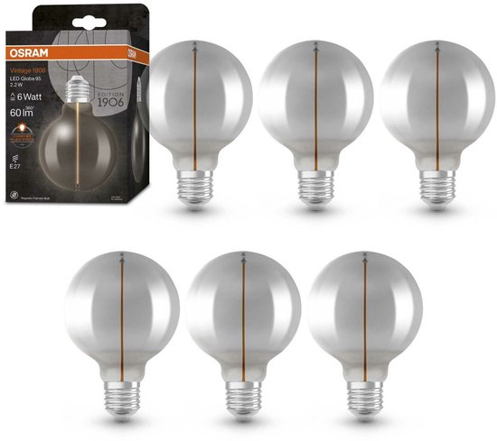 Led Rookglas Bol 6x Osram Vintage 1906 LED Lamp E27 – Globe – Magnetic Filament ...