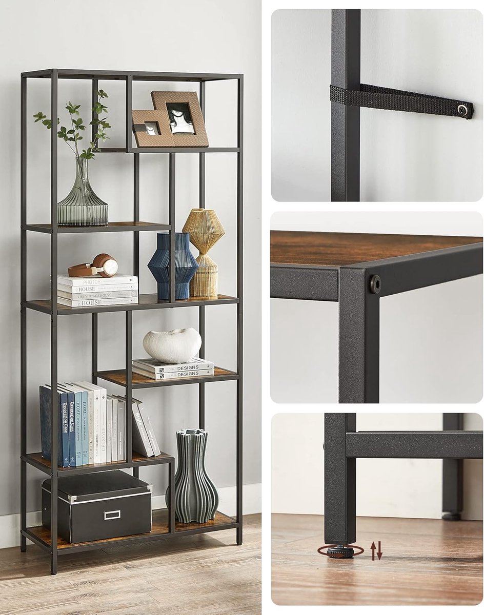 Boekenkast Casa Velluto GeoLuxe – Industriële 6-laags open kast 180 cm – Geometrische displaykast – Stalen frame & houtlook – Vrijstaande opbergkast voor woonkamer, kantoor, slaapkamer – Rustiek bruin
