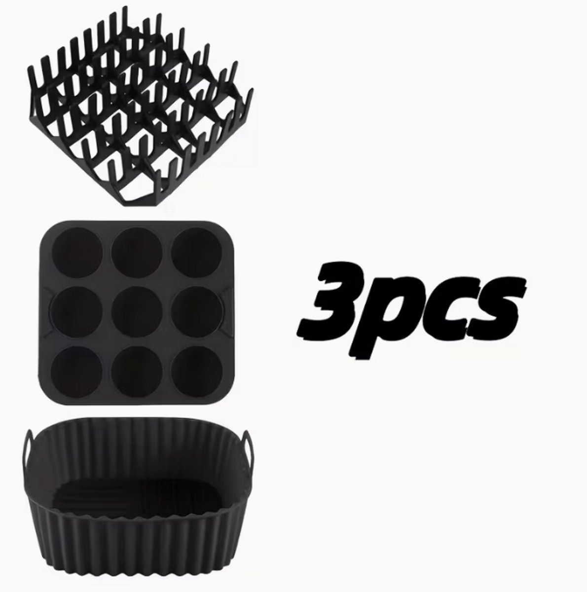 3-delige vierkante siliconen airfryer set met9-gats cakevorm. Herbruikbaar en hittebestendig, met antislip handvat. Geschikt voor vlees, hotdogs en meer. Past in6–8QT+ airfryers en ovens. Vaatwasserbestendig en ideaal als professioneel bakgereedschap