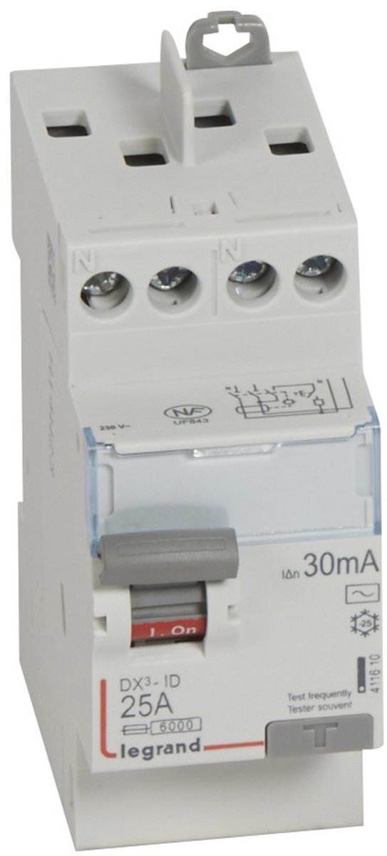 Differentieelschakelaar Hoge Capaciteit 2P 230V 25A Type AC 30mA 2 Modules