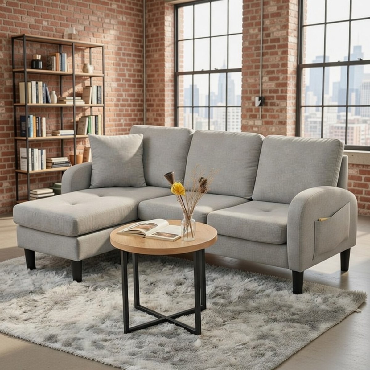 L-vormige Hoekbank met Chaise Longue – 3-Zits Bank, Compact Modern Design, Ademend Katoen-Linnen, Modulair en Flexibel, Perfect voor Kleine Woonkamers – Grijs Casa Serena – Afmetingen op aanvraag –...