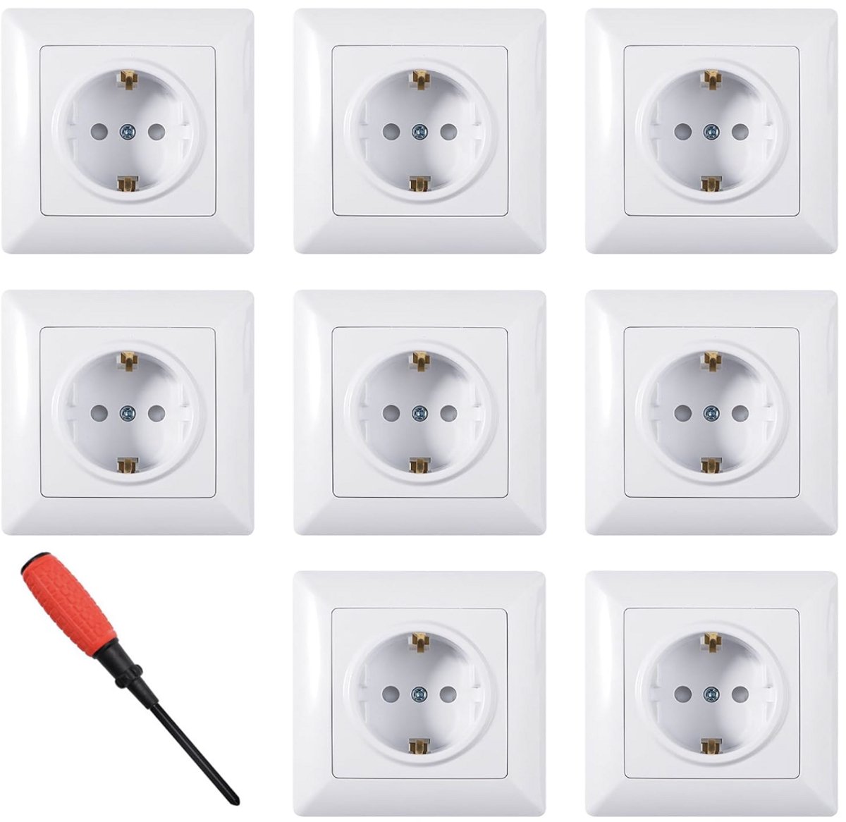 Set van 8 stuks Inbouw Wandsockets | Schuko Stopcontacten met Kinderbeveiliging, 1-Compartiment, Verhoogde Aanraakbeveiliging, Wit, 82 mm, Voor Woonkamer, Keuken en Kantoor