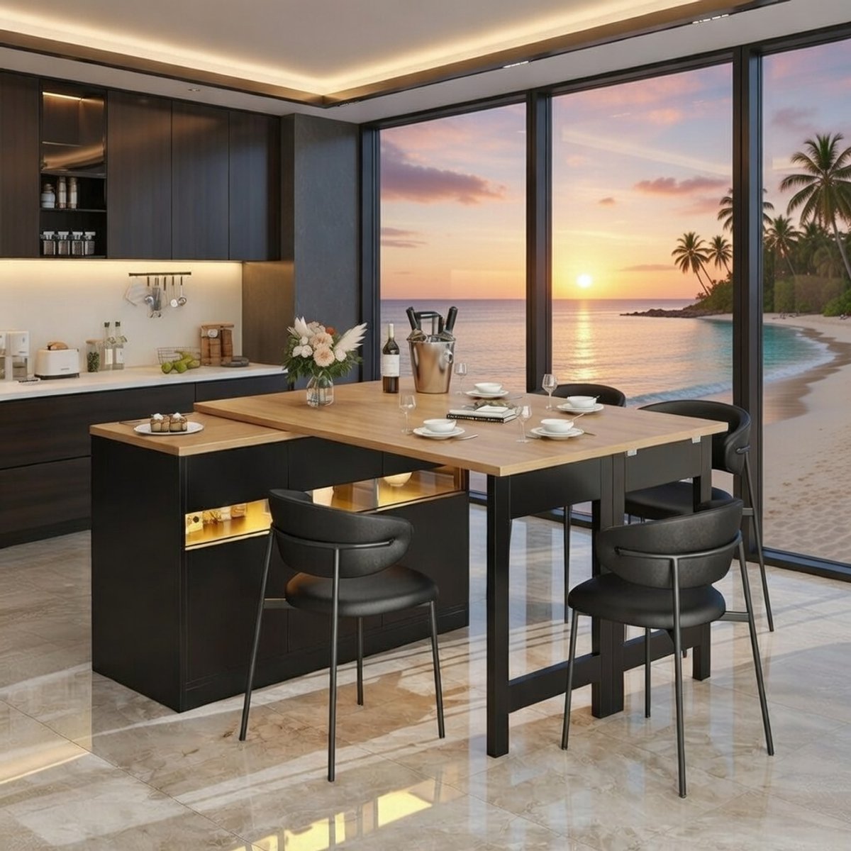 Uittrekbare LED Bartafel met 360° Draaifunctie, In Hoogte en Lengte Verstelbaar 120-180 cm – Modern Keukeneiland, Multifunctionele Opbergruimte voor Woonkamer, Eetkamer en Thuiskantoor Casa Serena ...