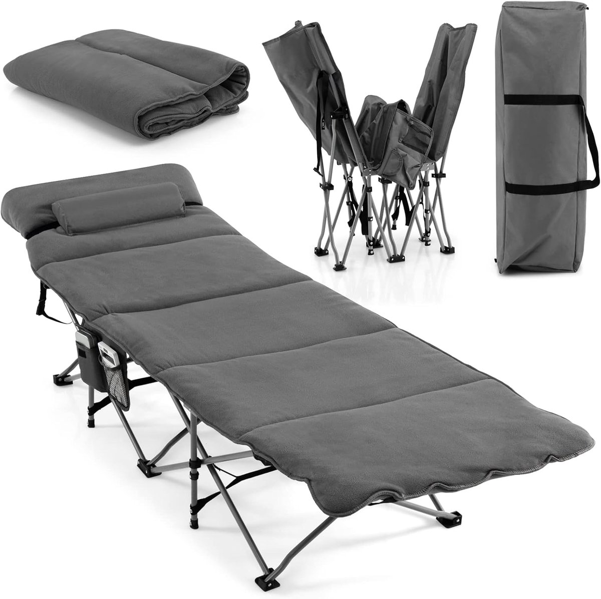 KOMFOTTEU Opvouwbaar campingbed met afneembaar matras en kussen, draagbaar slaapbed, veldbed