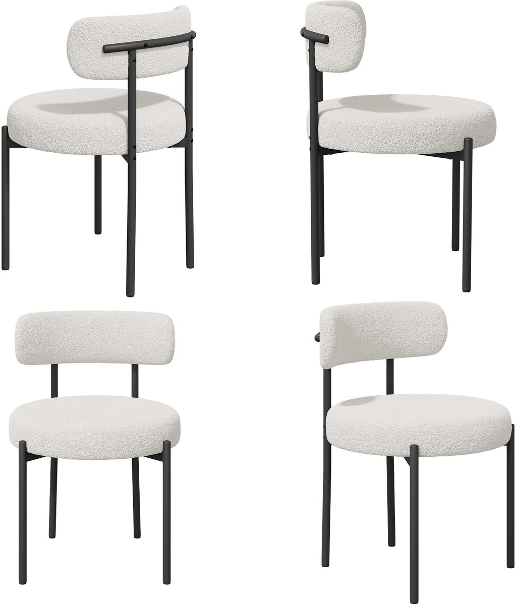 Eetkamerstoel Set van 4 Teddy Stof Gestoffeerde Stoel met Metalen Poten Moderne Keukenstoel Design Stoel Zachte Bouclé Stoel Comfortabele Zitstoel voor Eetkamer Woonkamer Keuken Slaapkamer Horeca Scandinavische Stijl