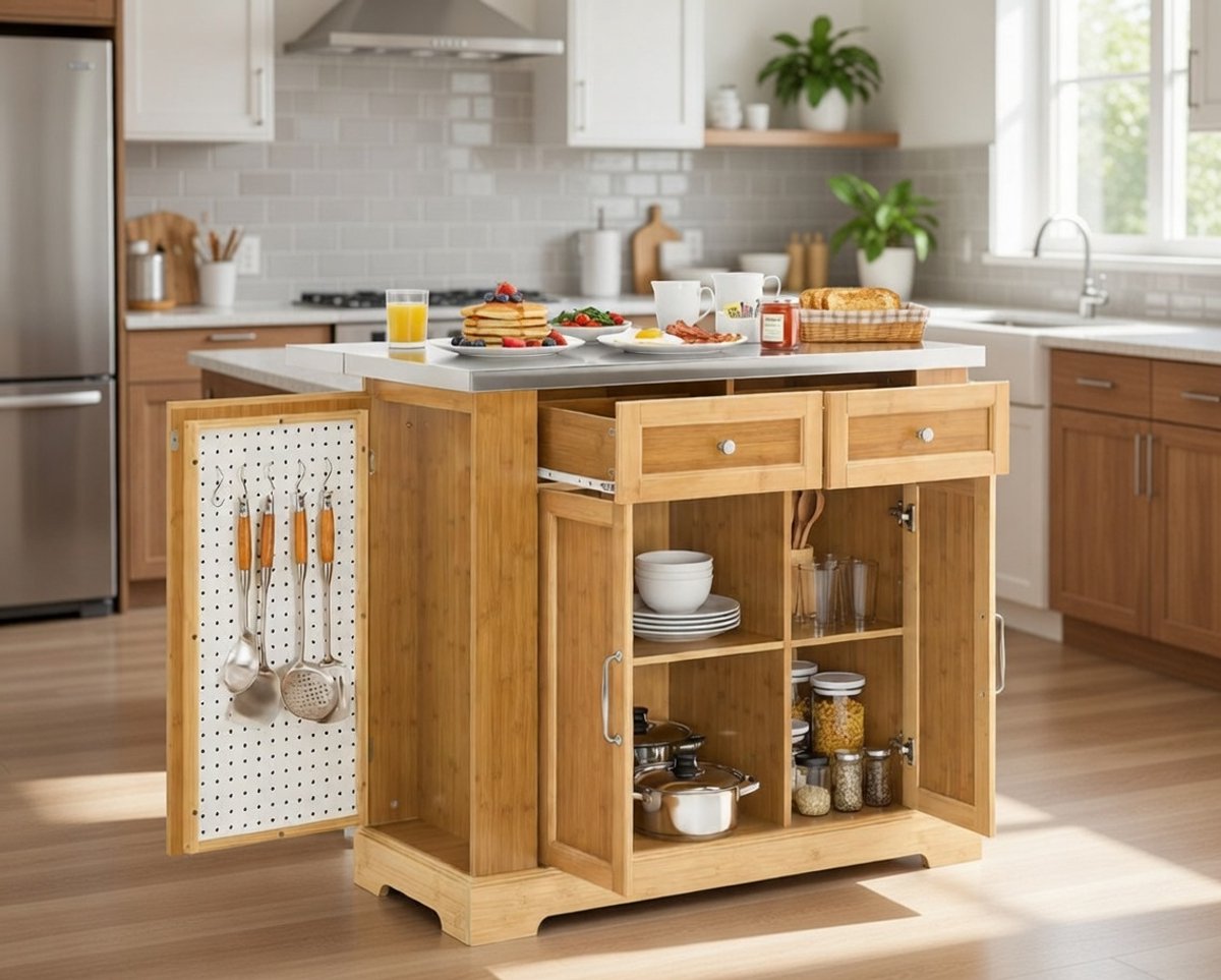 Luxe Keukeneiland Trolley op Wieltjes – Uitschuifbaar Werkblad, 4 Laden & Opbergruimte, Bamboe en Roestvrij Staal – Serveerwagen, Barwagen & Ontbijtbar voor Keuken, Eetkamer en Kleine Ruimtes Casa ...