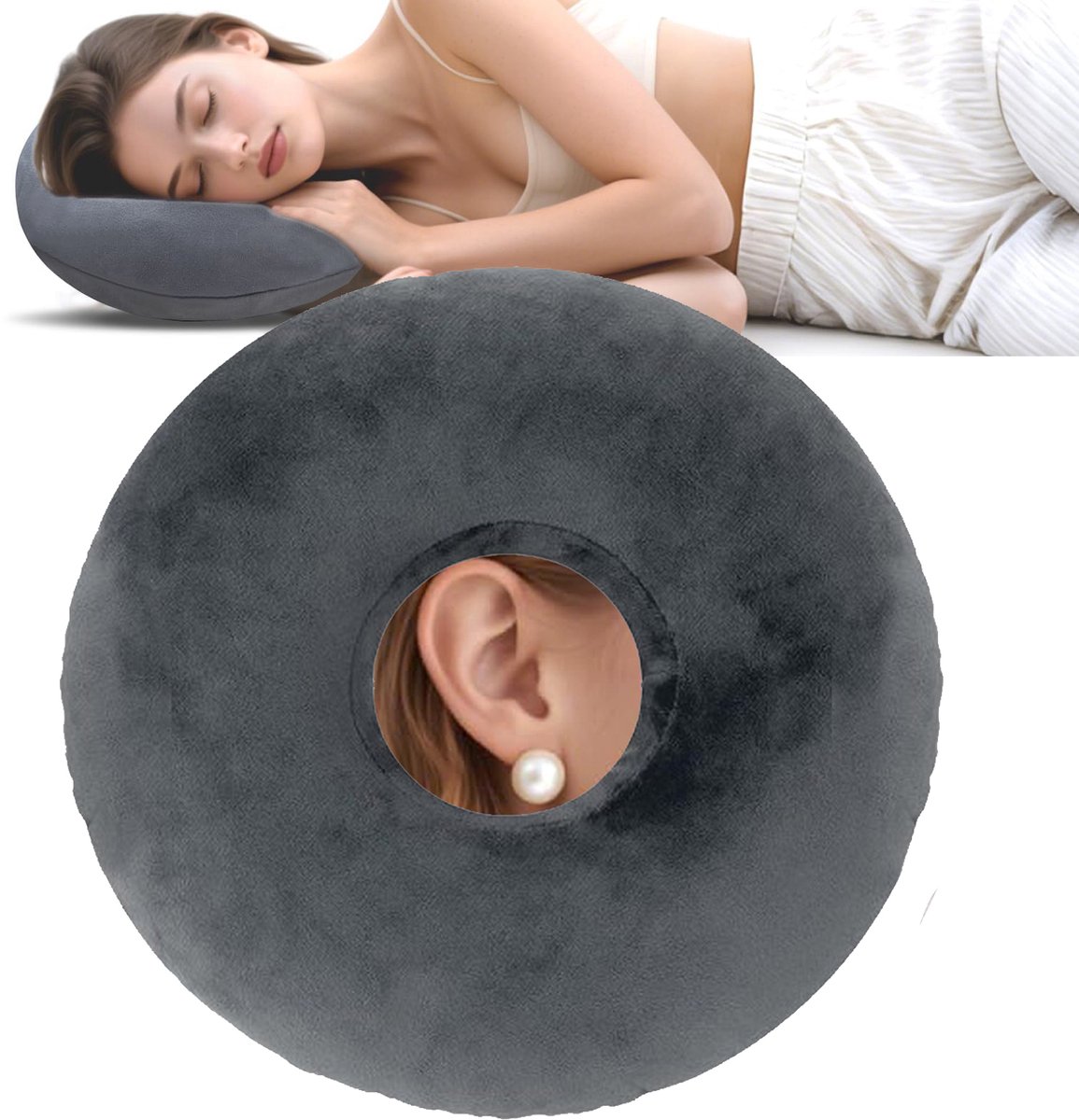Orthopedisch Piercing Kussen - Zijslaper - Ooropening - Drukvermindering - Grijs