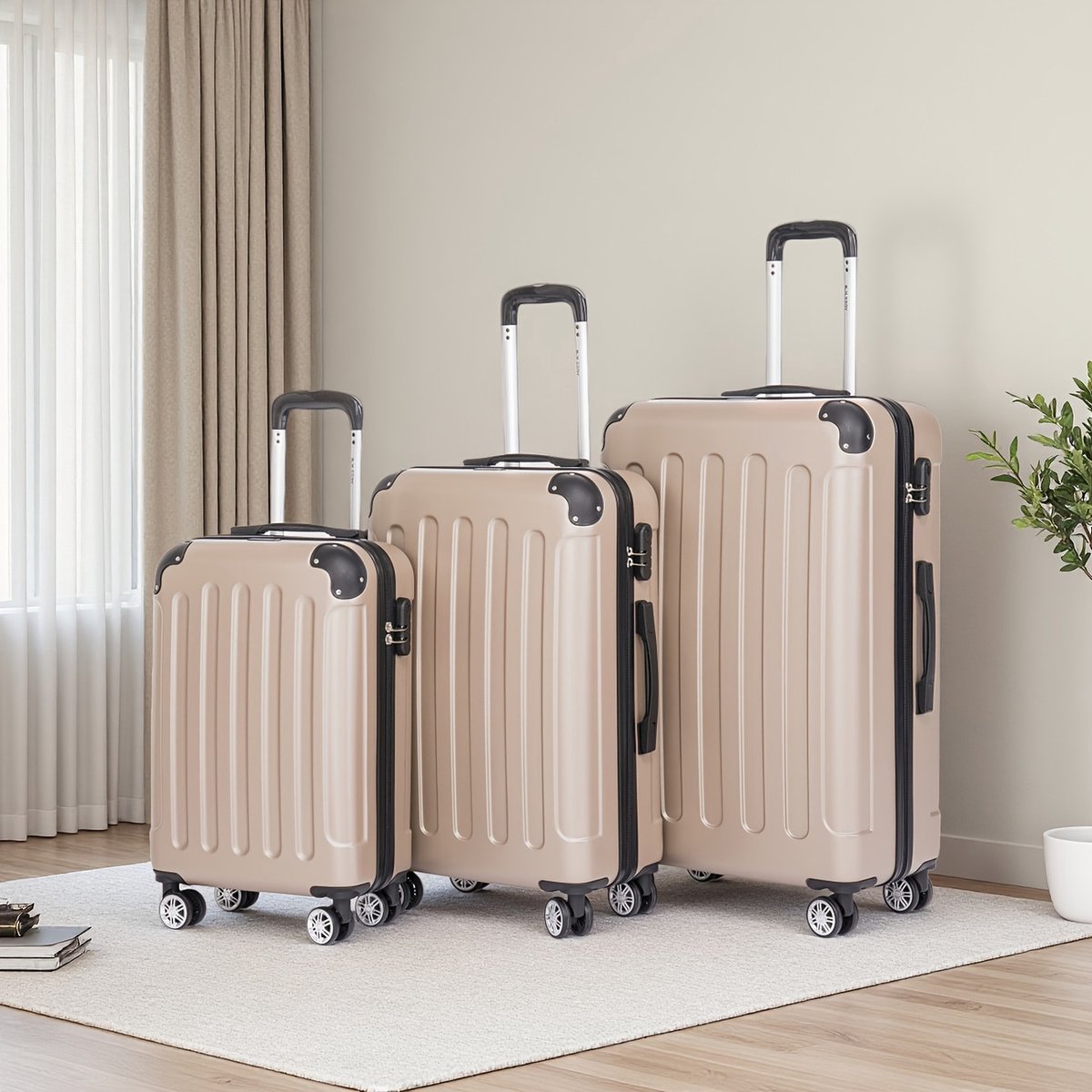 Bagageset 3-delig (55/66/76 cm) – Harde ABS Koffers – 4 x 360° Wielen – TSA Combinatieslot – Trolley Koffer Set _Champagnekleur